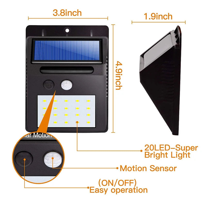 Luminária solar com sensor de presença automático 20LED Iluminação externa eficiente Entrada de jardim Segurança de garagem