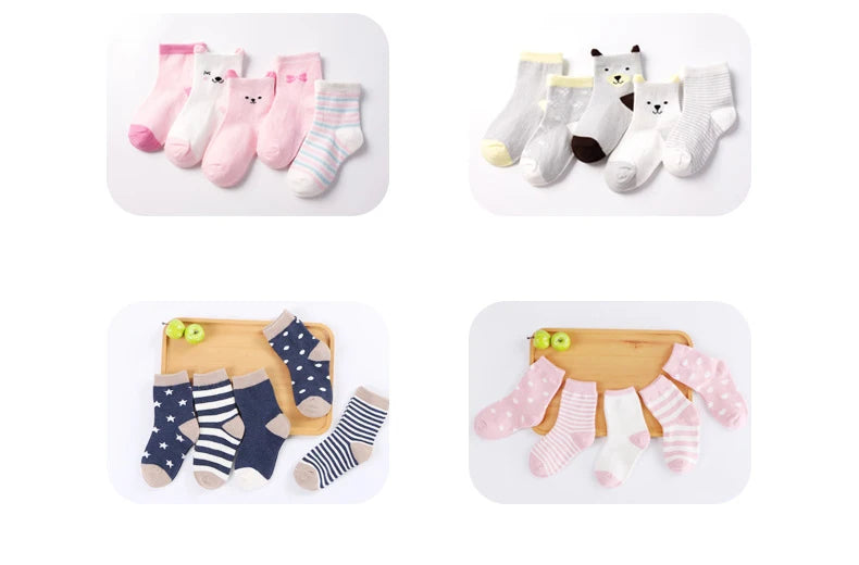 5 pares de meias infantis de algodão para meninos e meninas, bebês, fofas, de desenho animado