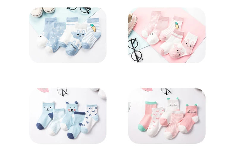5 pares de meias infantis de algodão para meninos e meninas, bebês, fofas, de desenho animado