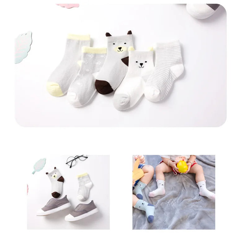 5 pares de meias infantis de algodão para meninos e meninas, bebês, fofas, de desenho animado