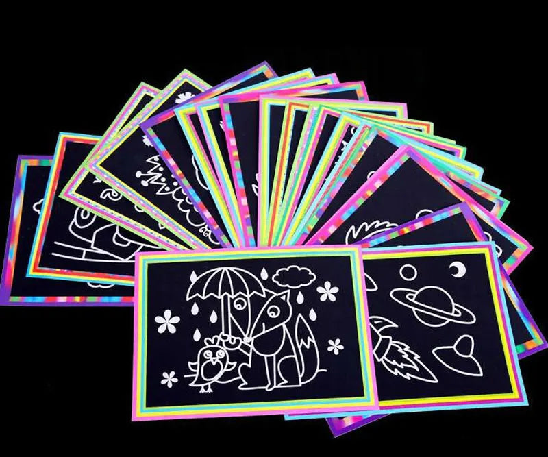 10 peças 13x9,8 cm Papel de arte para raspar Papel de pintura mágico com bastão de desenho para crianças Brinquedo de desenho colorido