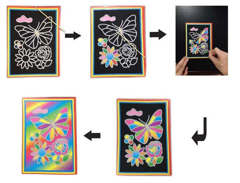 10 peças 13x9,8 cm Papel de arte para raspar Papel de pintura mágico com bastão de desenho para crianças Brinquedo de desenho colorido