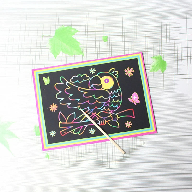 10 peças 13x9,8 cm Papel de arte para raspar Papel de pintura mágico com bastão de desenho para crianças Brinquedo de desenho colorido