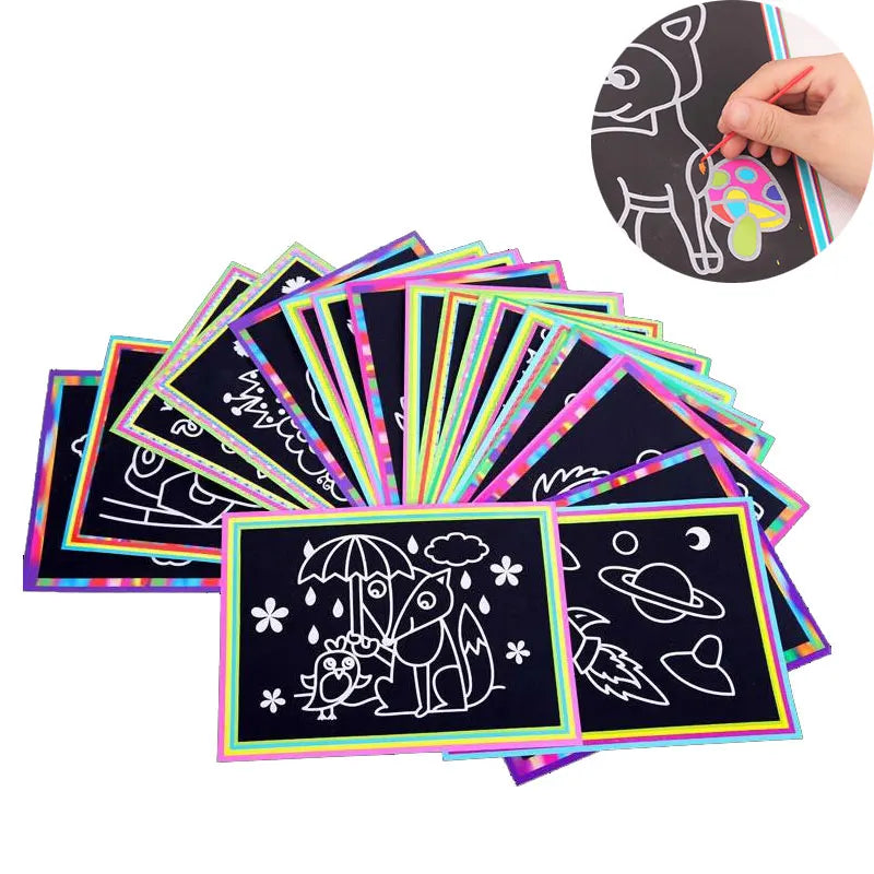 10 peças 13x9,8 cm Papel de arte para raspar Papel de pintura mágico com bastão de desenho para crianças Brinquedo de desenho colorido