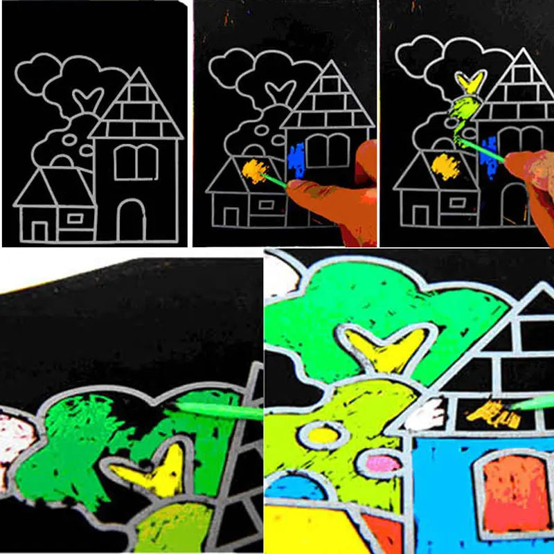 10 peças 13x9,8 cm Papel de arte para raspar Papel de pintura mágico com bastão de desenho para crianças Brinquedo de desenho colorido