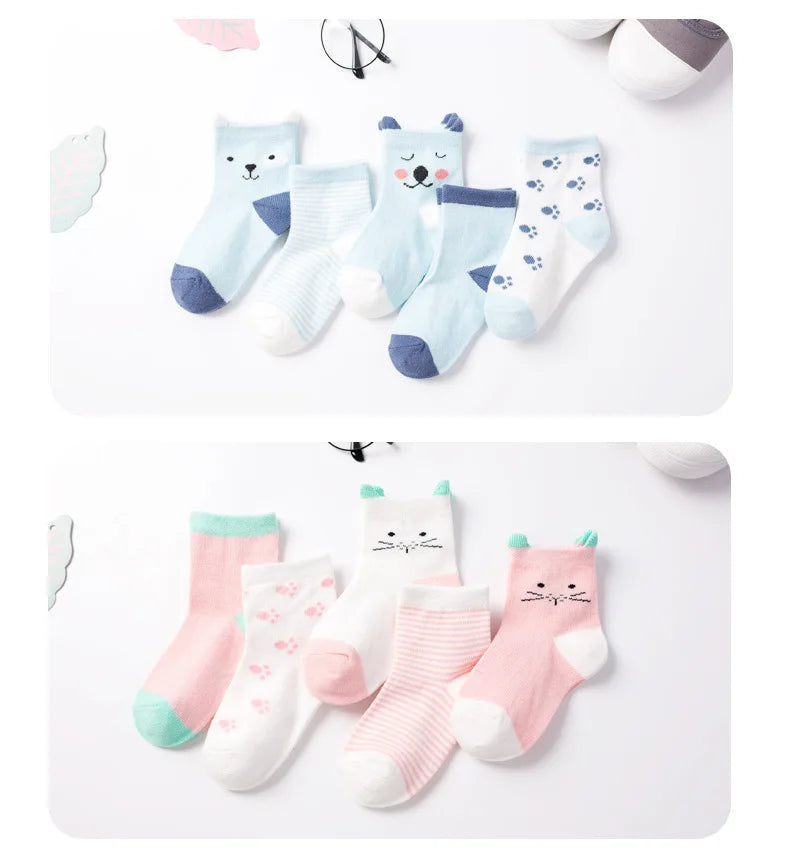 5 pares de meias infantis de algodão para meninos e meninas, bebês, fofas, de desenho animado