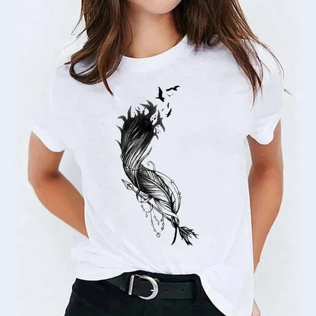 Camiseta casual branca com gola redonda e manga curta, moda feminina, estampa Harry Potter, blusa básica