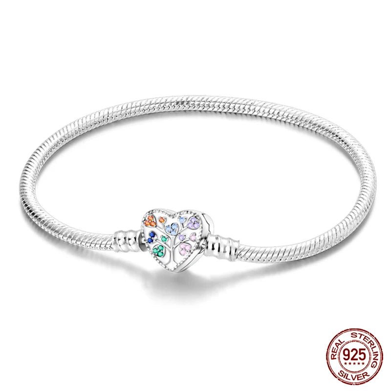Novidades em prata esterlina 925, corrente de cobra, pulseiras com fecho de zircônia em formato de coração, berloques para panela, joias da moda, faça você mesmo, fabricação de presentes