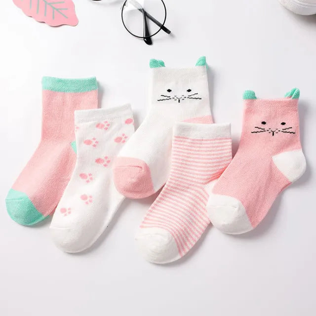5 pares de meias infantis de algodão para meninos e meninas, bebês, fofas, de desenho animado