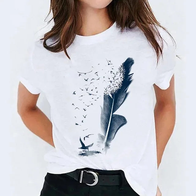 Camiseta casual branca com gola redonda e manga curta, moda feminina, estampa Harry Potter, blusa básica