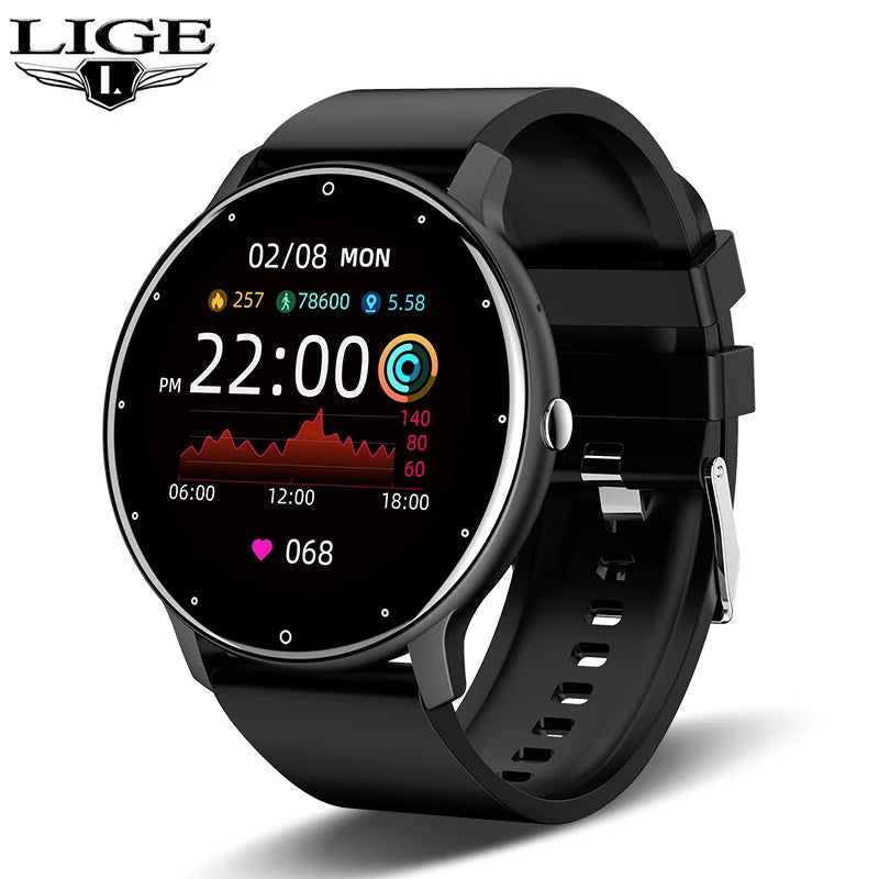 Relógio inteligente LIGE feminino e masculino com tela sensível ao toque, Bluetooth 5.2, à prova d'água, rastreador esportivo e fitness, IP67 de fábrica, ZL02, novo