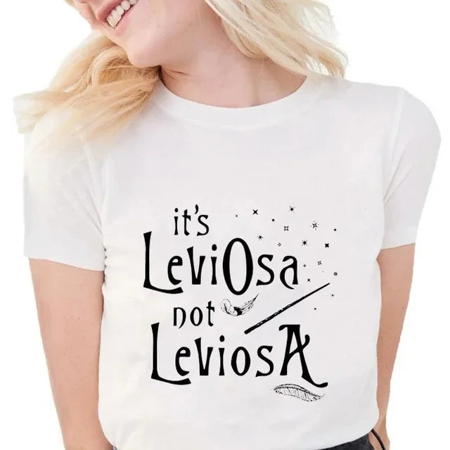 Camiseta casual branca com gola redonda e manga curta, moda feminina, estampa Harry Potter, blusa básica