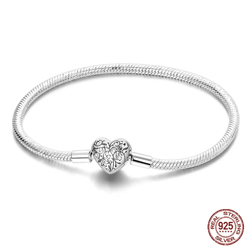 Novidades em prata esterlina 925, corrente de cobra, pulseiras com fecho de zircônia em formato de coração, berloques para panela, joias da moda, faça você mesmo, fabricação de presentes
