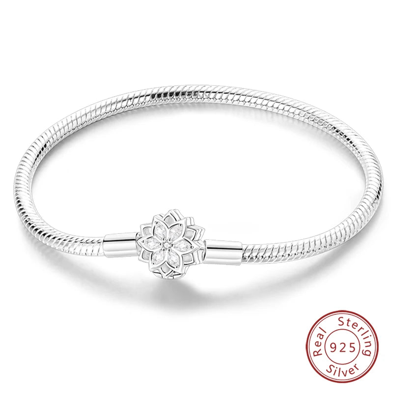 Novidades em prata esterlina 925, corrente de cobra, pulseiras com fecho de zircônia em formato de coração, berloques para panela, joias da moda, faça você mesmo, fabricação de presentes