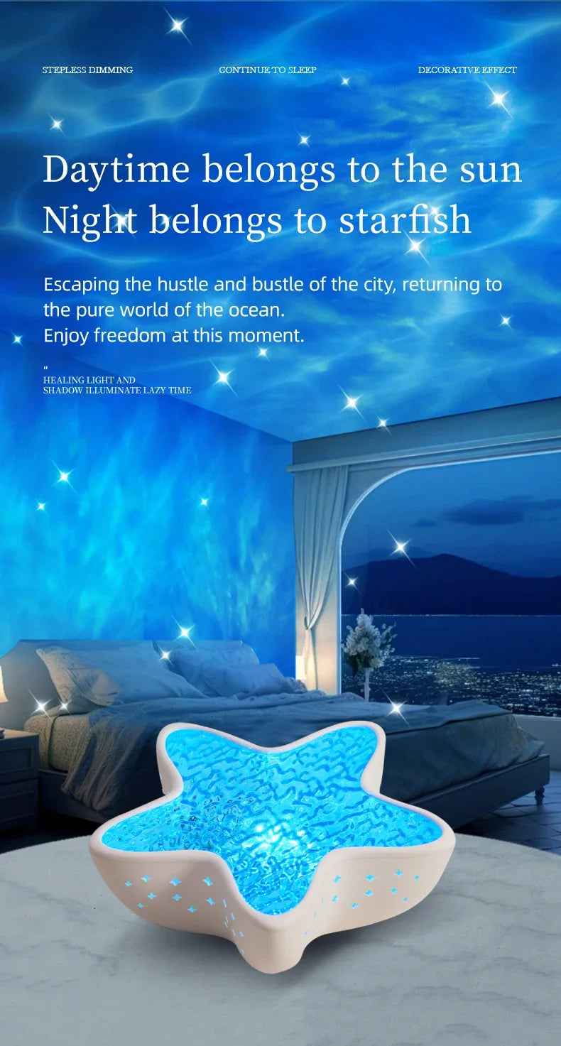 Luminária de mesa LED com luz noturna recarregável Starfish, projetor de ondas do oceano do norte, romântica para decoração de mesa e festival de quarto