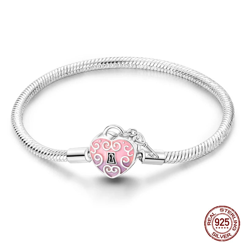 Novidades em prata esterlina 925, corrente de cobra, pulseiras com fecho de zircônia em formato de coração, berloques para panela, joias da moda, faça você mesmo, fabricação de presentes