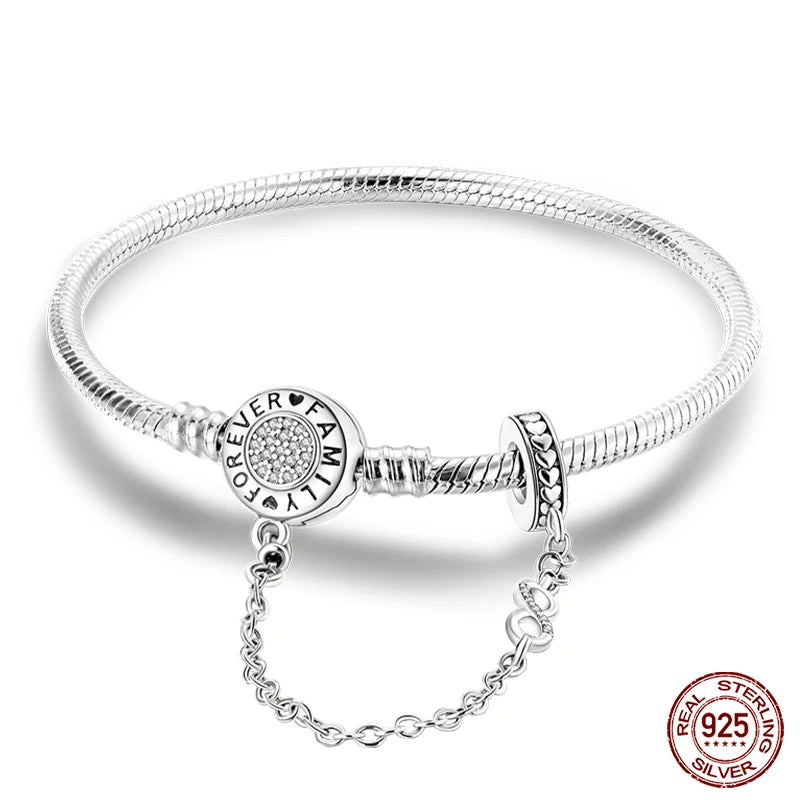 Novidades em prata esterlina 925, corrente de cobra, pulseiras com fecho de zircônia em formato de coração, berloques para panela, joias da moda, faça você mesmo, fabricação de presentes