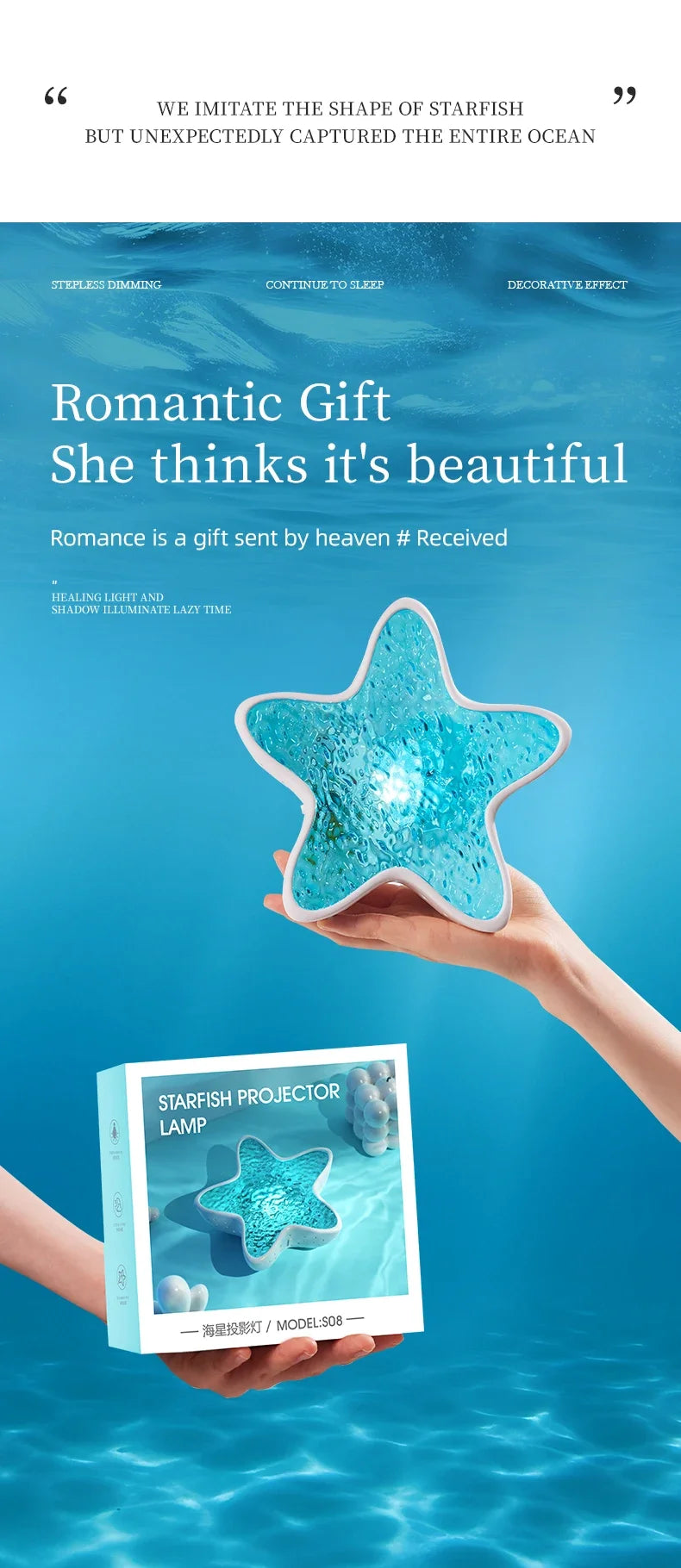 Luminária de mesa LED com luz noturna recarregável Starfish, projetor de ondas do oceano do norte, romântica para decoração de mesa e festival de quarto