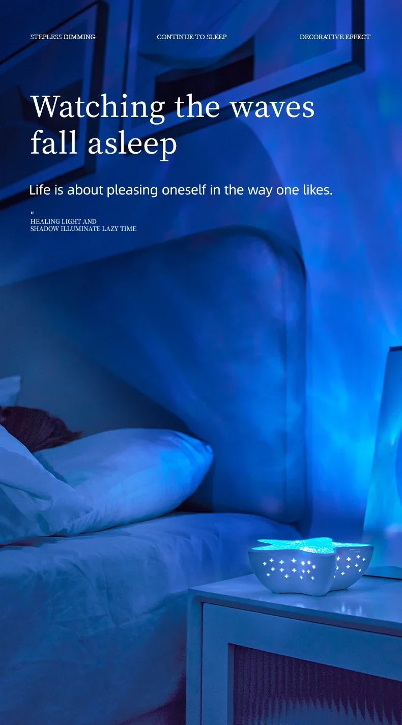Luminária de mesa LED com luz noturna recarregável Starfish, projetor de ondas do oceano do norte, romântica para decoração de mesa e festival de quarto