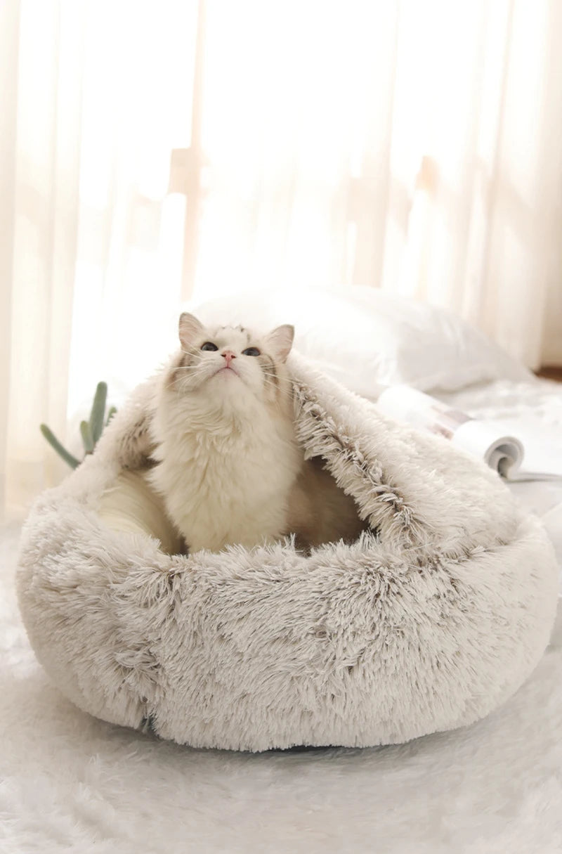 Cama macia de pelúcia para animais de estimação com capa, cama redonda para gatos, colchão para animais de estimação, ninho quente para dormir em cães pequenos e gatinhos