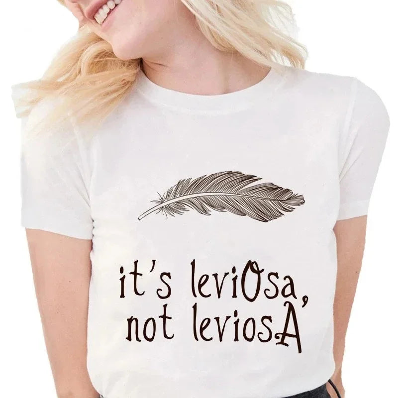 Camiseta casual branca com gola redonda e manga curta, moda feminina, estampa Harry Potter, blusa básica
