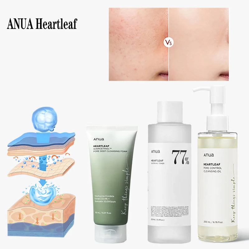 Anua Skincare HeartLeaf 77 Toner Hidratante Óleo de Limpeza de Poros Esfoliante Controle de Oleosidade Quercetina Sabonete Facial Limpeza Profunda