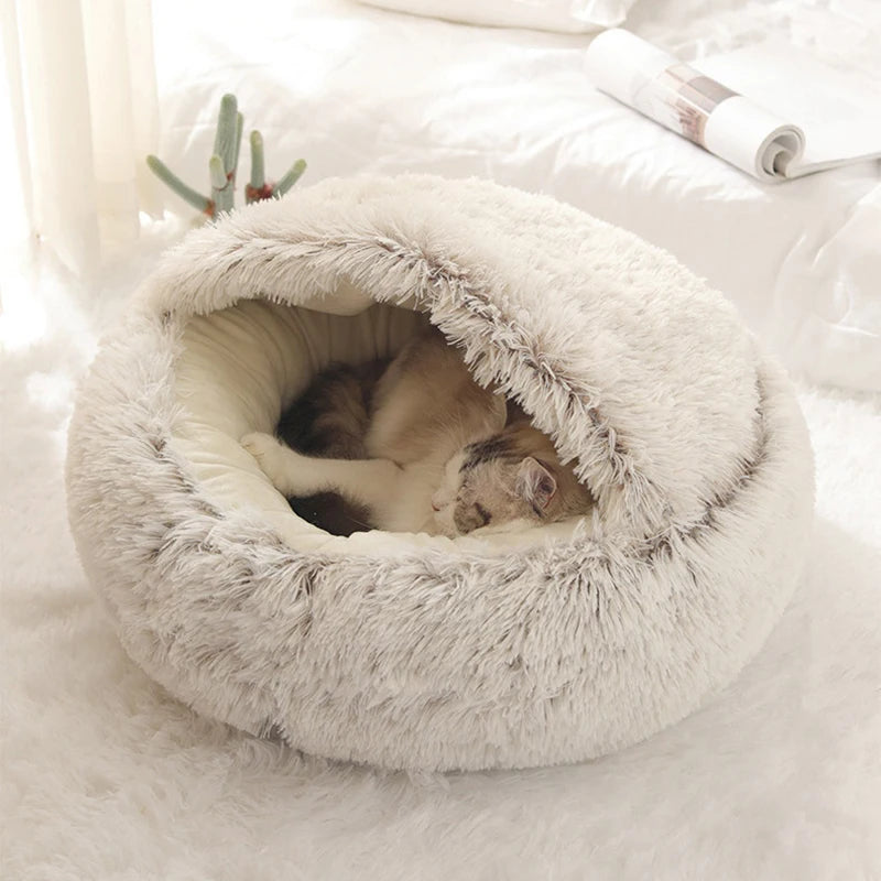 Cama macia de pelúcia para animais de estimação com capa, cama redonda para gatos, colchão para animais de estimação, ninho quente para dormir em cães pequenos e gatinhos