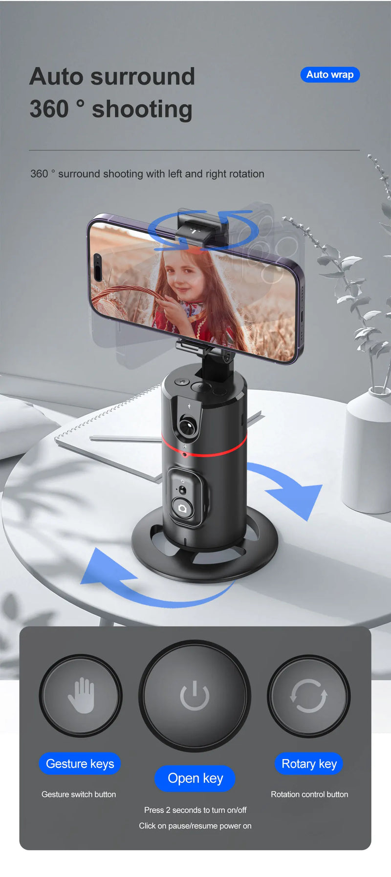Suporte de telefone com rotação de 360° e rastreamento facial automático, dobrável com controle remoto e operação por gestos para transmissão ao vivo em smartphone