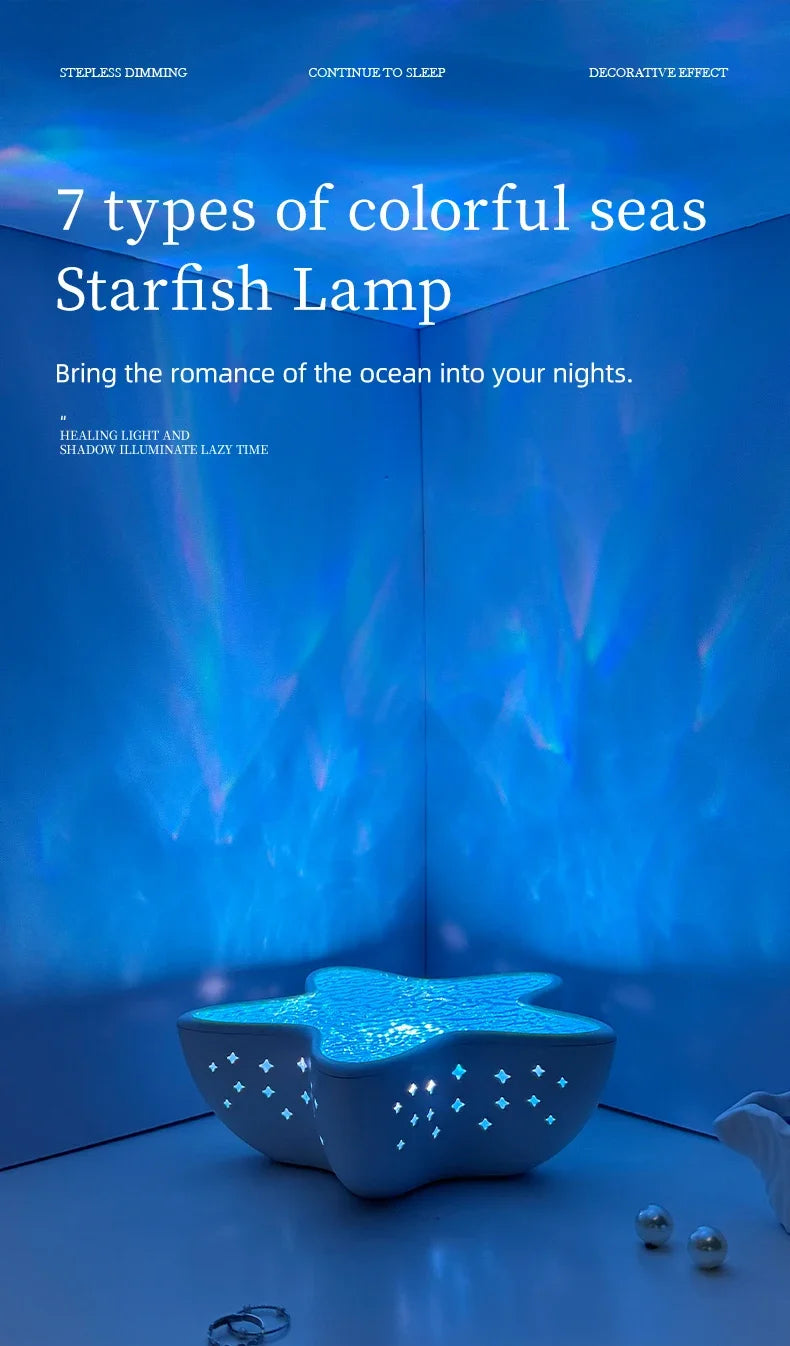 Luminária de mesa LED com luz noturna recarregável Starfish, projetor de ondas do oceano do norte, romântica para decoração de mesa e festival de quarto