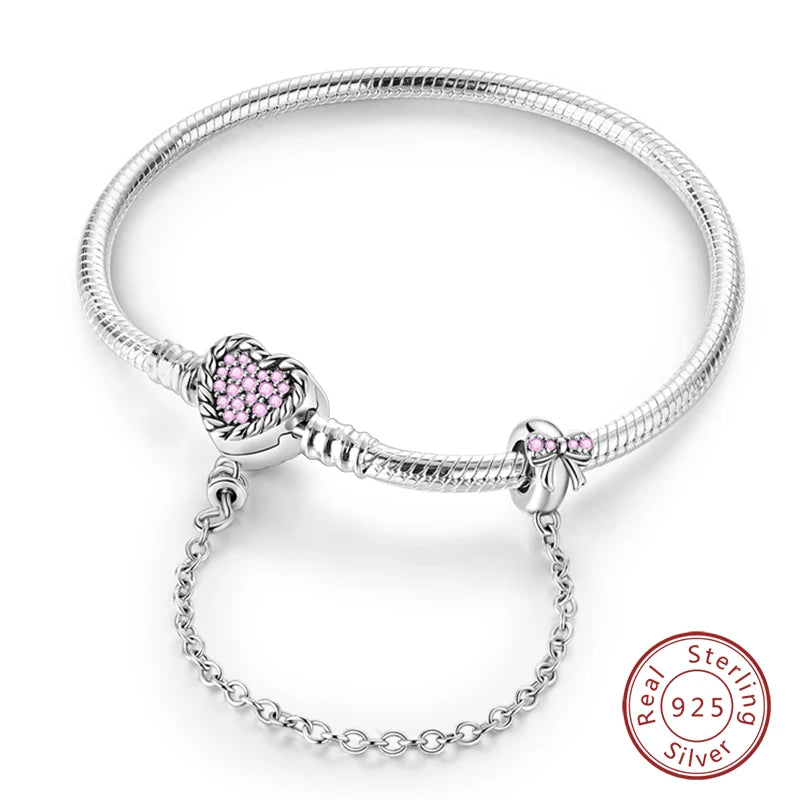 Novidades em prata esterlina 925, corrente de cobra, pulseiras com fecho de zircônia em formato de coração, berloques para panela, joias da moda, faça você mesmo, fabricação de presentes