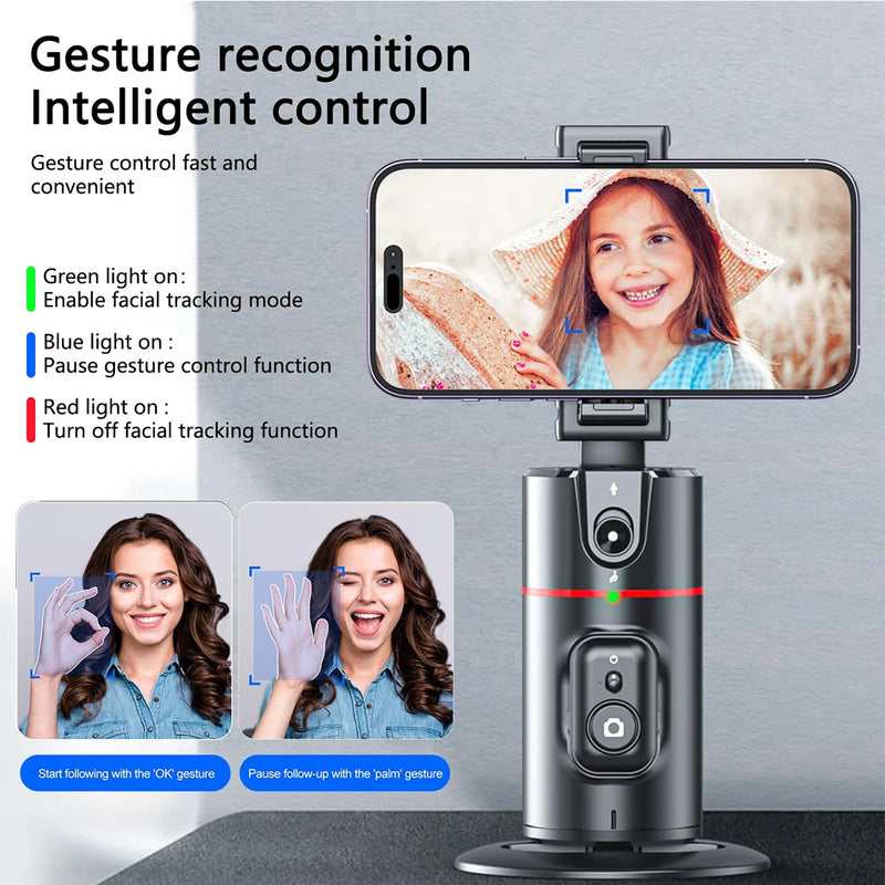 Suporte de telefone com rotação de 360° e rastreamento facial automático, dobrável com controle remoto e operação por gestos para transmissão ao vivo em smartphone