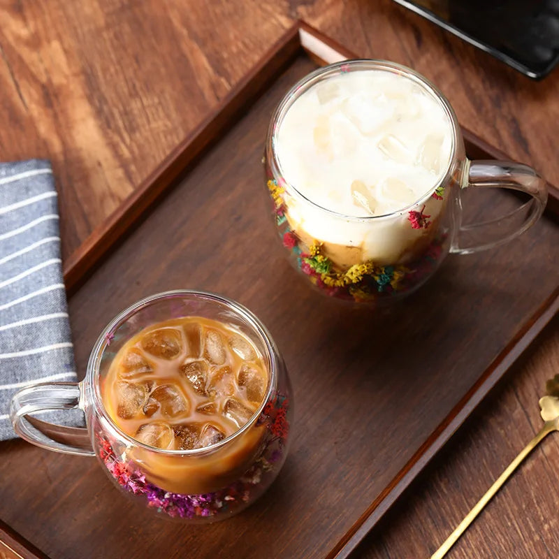 Caneca de café de vidro com parede dupla de 350 ml com alças,
