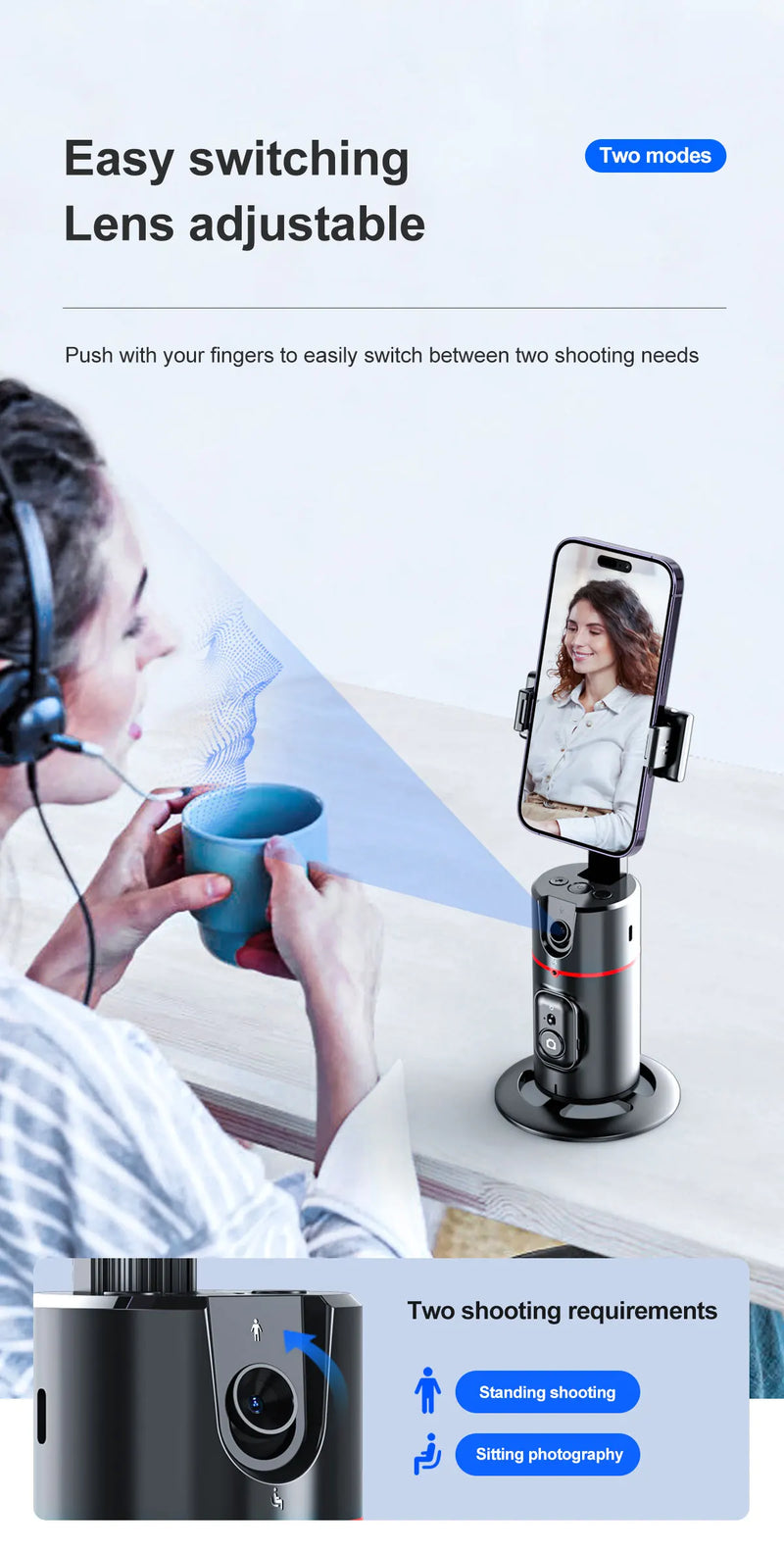 Suporte de telefone com rotação de 360° e rastreamento facial automático, dobrável com controle remoto e operação por gestos para transmissão ao vivo em smartphone