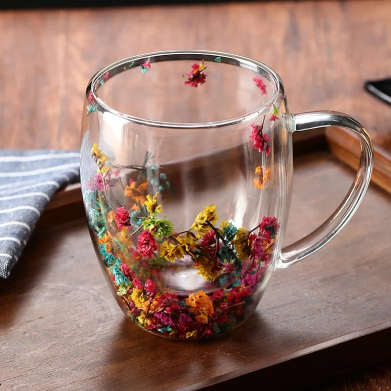 Caneca de café de vidro com parede dupla de 350 ml com alças,
