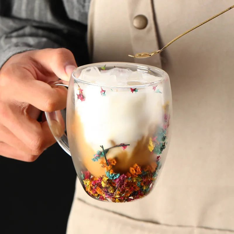 Caneca de café de vidro com parede dupla de 350 ml com alças,