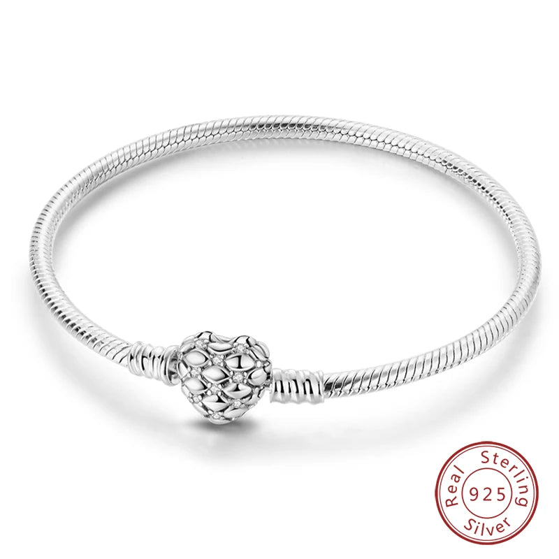 Novidades em prata esterlina 925, corrente de cobra, pulseiras com fecho de zircônia em formato de coração, berloques para panela, joias da moda, faça você mesmo, fabricação de presentes