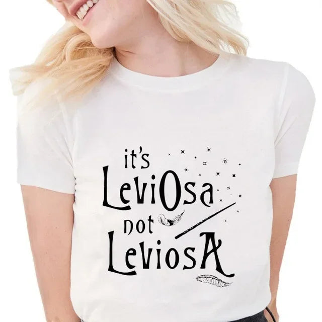 Camiseta casual branca com gola redonda e manga curta, moda feminina, estampa Harry Potter, blusa básica