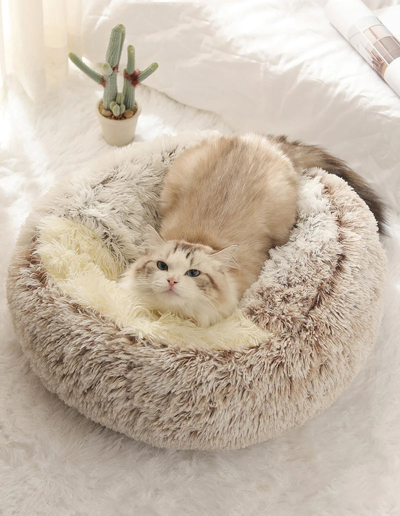 Cama macia de pelúcia para animais de estimação com capa, cama redonda para gatos, colchão para animais de estimação, ninho quente para dormir em cães pequenos e gatinhos