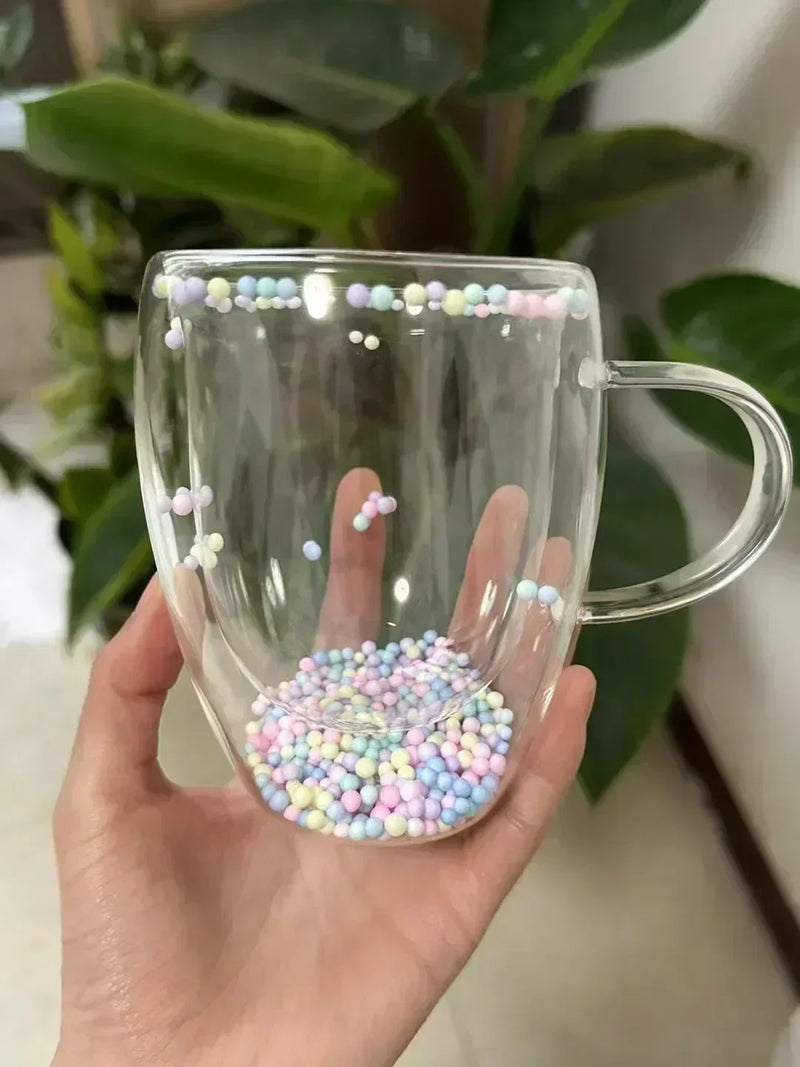 Caneca de café de vidro com parede dupla de 350 ml com alças,