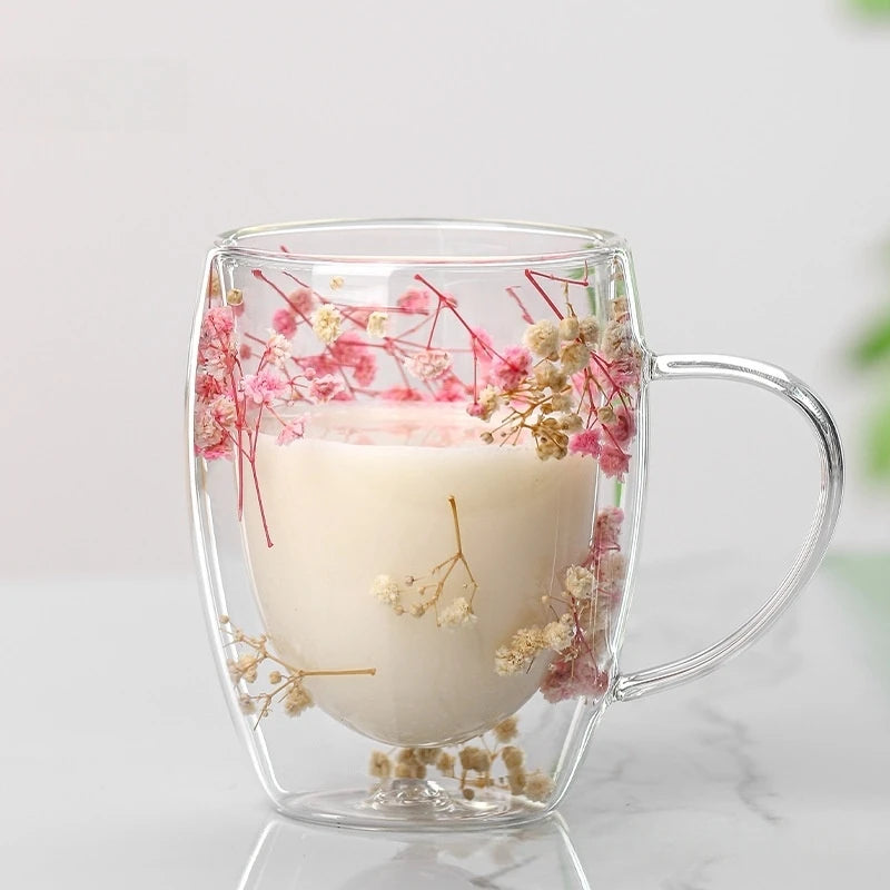 Caneca de café de vidro com parede dupla de 350 ml com alças,