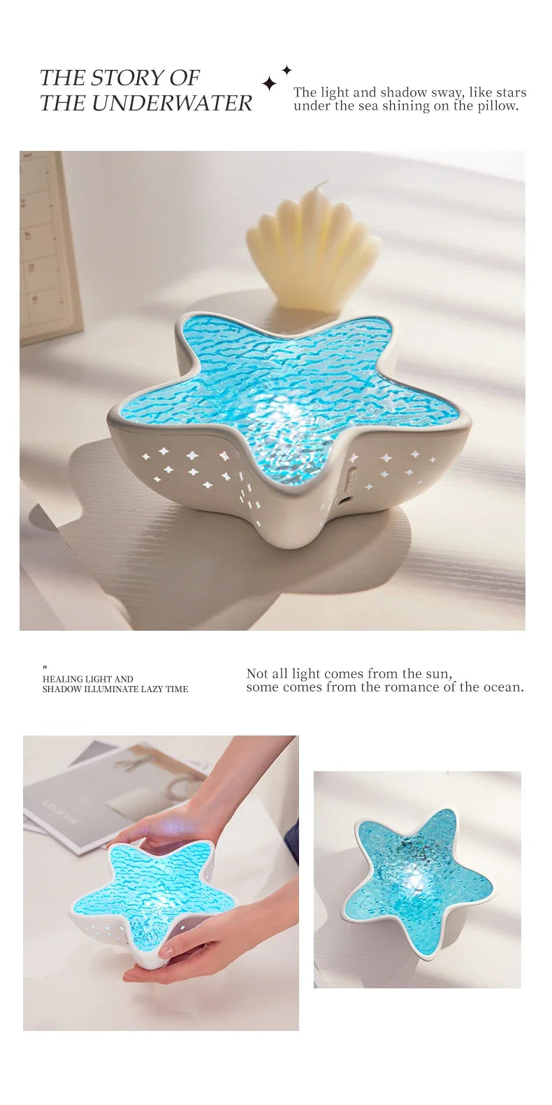 Luminária de mesa LED com luz noturna recarregável Starfish, projetor de ondas do oceano do norte, romântica para decoração de mesa e festival de quarto