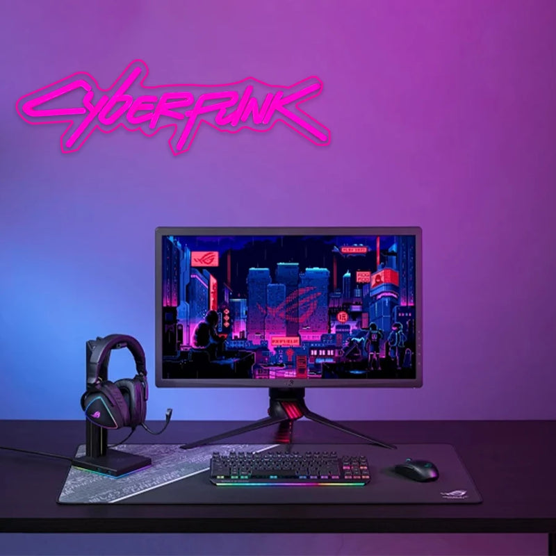 Placa de neon cyberpunk, placa com letras rosa, usada para decoração de parede, presente exclusivo para entusiastas de informática, sala de e-sports, decoração