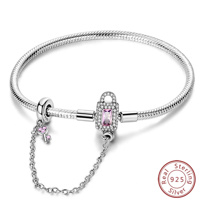 Novidades em prata esterlina 925, corrente de cobra, pulseiras com fecho de zircônia em formato de coração, berloques para panela, joias da moda, faça você mesmo, fabricação de presentes
