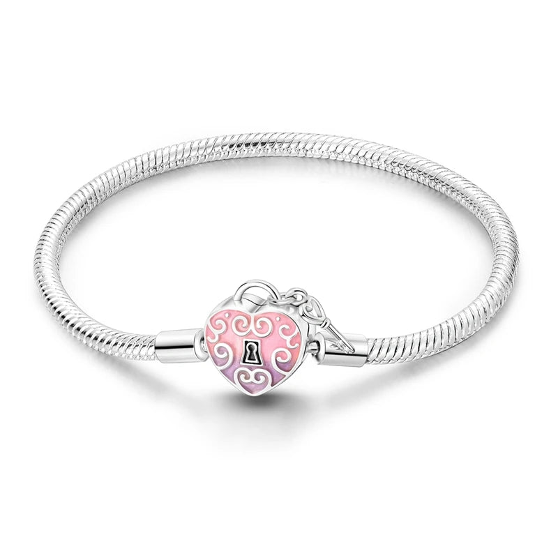 Novidades em prata esterlina 925, corrente de cobra, pulseiras com fecho de zircônia em formato de coração, berloques para panela, joias da moda, faça você mesmo, fabricação de presentes