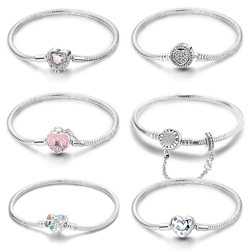 Novidades em prata esterlina 925, corrente de cobra, pulseiras com fecho de zircônia em formato de coração, berloques para panela, joias da moda, faça você mesmo, fabricação de presentes