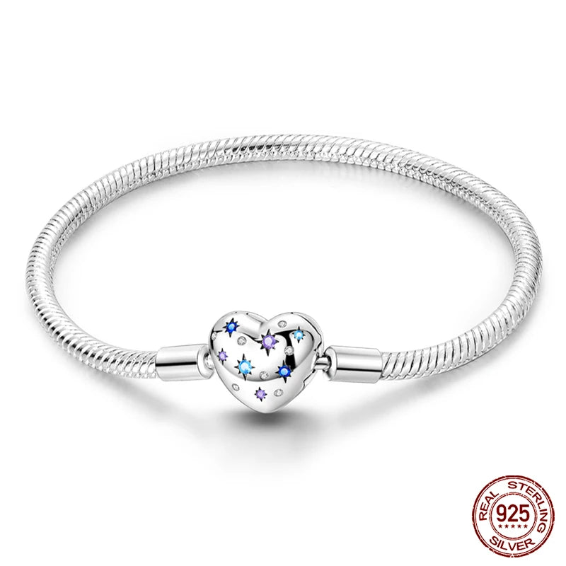 Novidades em prata esterlina 925, corrente de cobra, pulseiras com fecho de zircônia em formato de coração, berloques para panela, joias da moda, faça você mesmo, fabricação de presentes