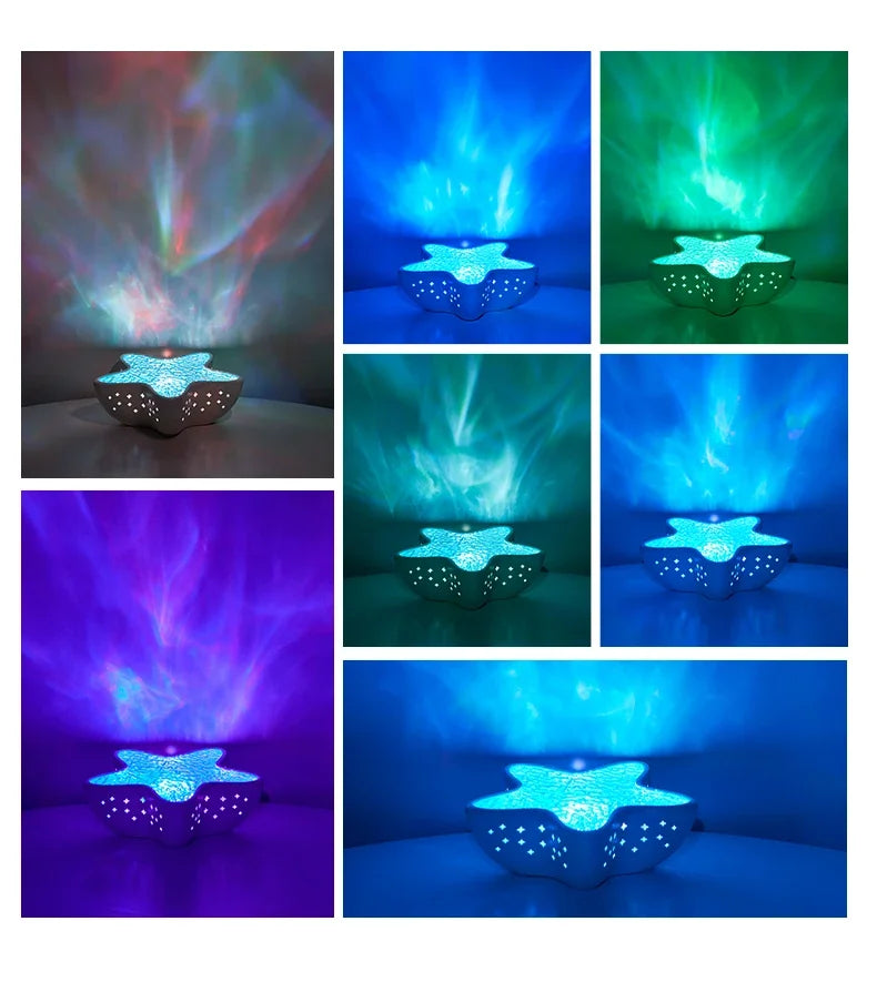 Luminária de mesa LED com luz noturna recarregável Starfish, projetor de ondas do oceano do norte, romântica para decoração de mesa e festival de quarto