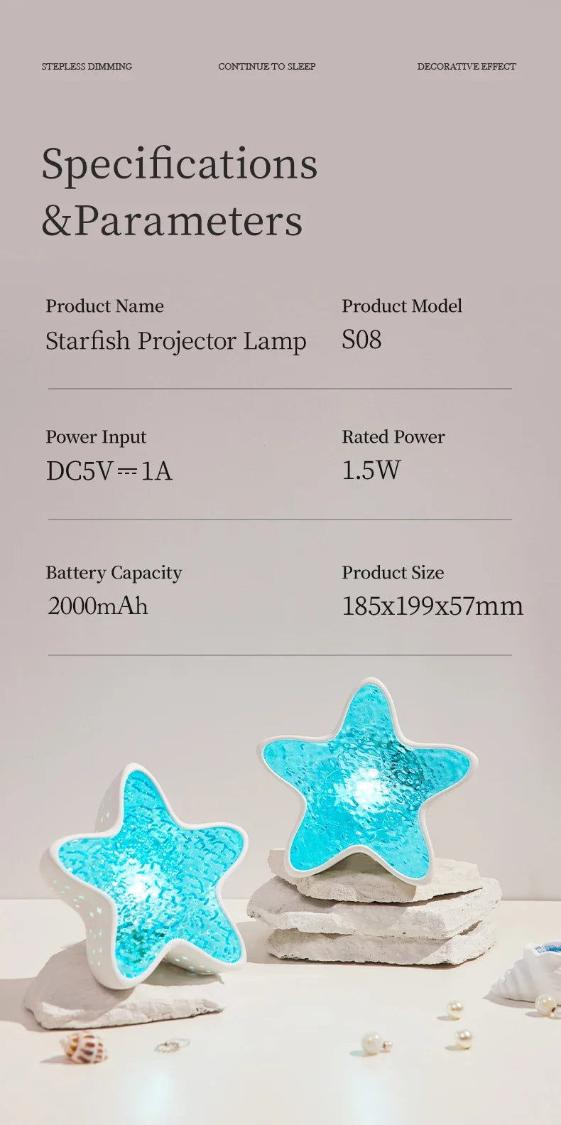 Luminária de mesa LED com luz noturna recarregável Starfish, projetor de ondas do oceano do norte, romântica para decoração de mesa e festival de quarto