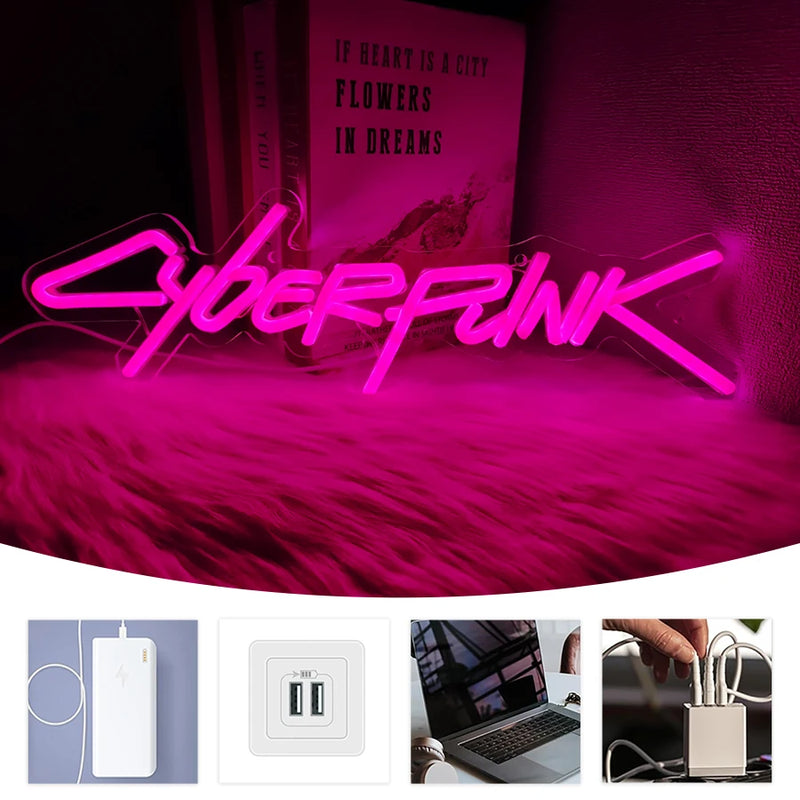 Placa de neon cyberpunk, placa com letras rosa, usada para decoração de parede, presente exclusivo para entusiastas de informática, sala de e-sports, decoração