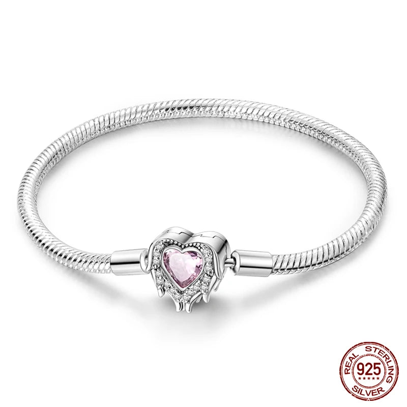 Novidades em prata esterlina 925, corrente de cobra, pulseiras com fecho de zircônia em formato de coração, berloques para panela, joias da moda, faça você mesmo, fabricação de presentes